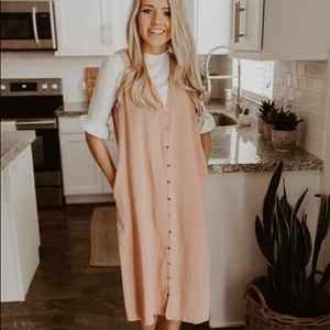 Orange Creek Pink V-Neck Jumper Pinafore Midi Dress with Buttons